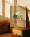 Whimsical Cute Cat Art Print featuring Beige, Pink, and Green for playroom