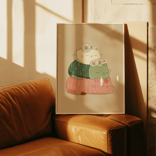 Whimsical Cute Cat Art Print featuring Beige, Pink, and Green for playroom