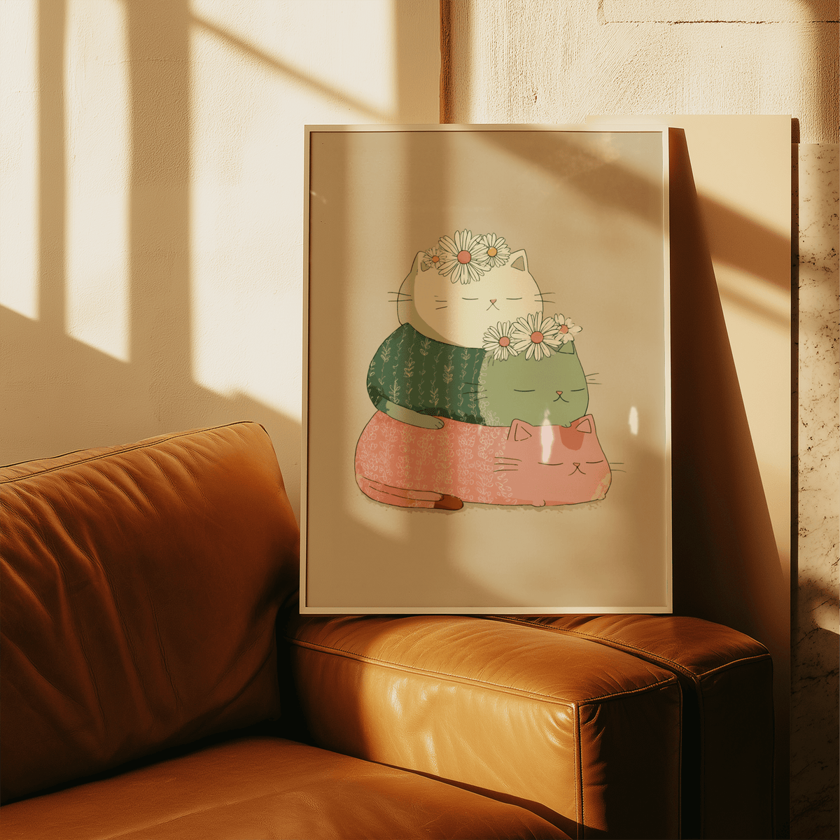Whimsical Cute Cat Art Print featuring Beige, Pink, and Green for playroom