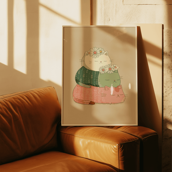 Whimsical Cute Cat Art Print featuring Beige, Pink, and Green for playroom