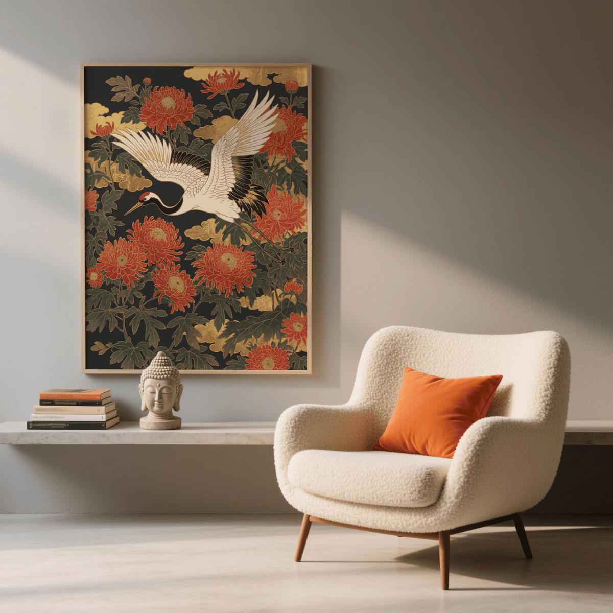 Crane Floral Art Print using Red, White and Green for living room ambiance