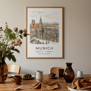 Birds over Munich skyline in illustrated city wall art print with mountain backdrop