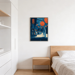 Interior scene showing market-themed poster wall art with lanterns as a central motif