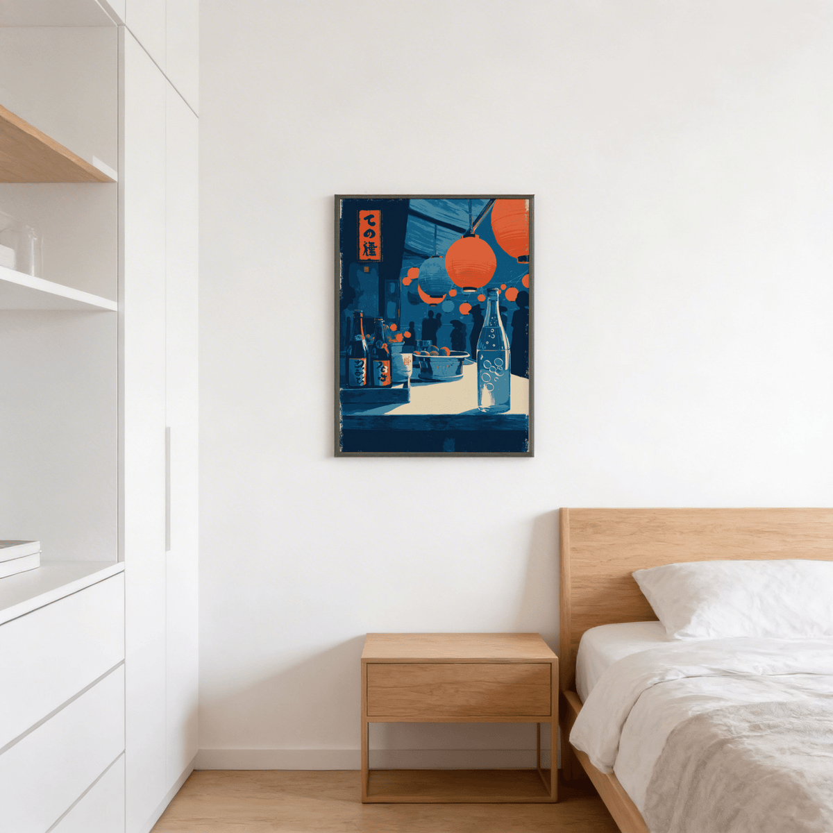 Interior scene showing market-themed poster wall art with lanterns as a central motif