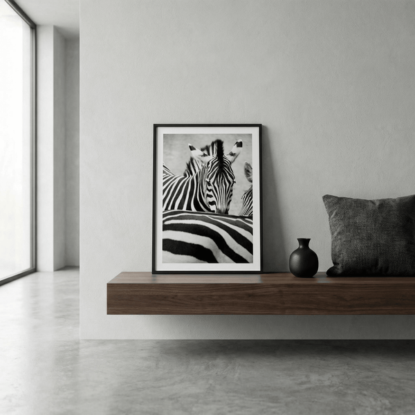 Photography-style zebra poster with upright ears and soft background blur