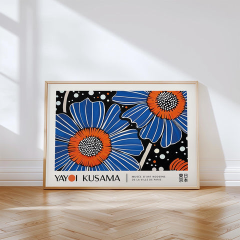 Blue flower art print inspired by Yayoi Kusama&#39;s iconic dot patterns.