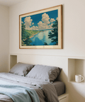 Classic woodblock-inspired seascape wall art print with layered coastline and open horizon