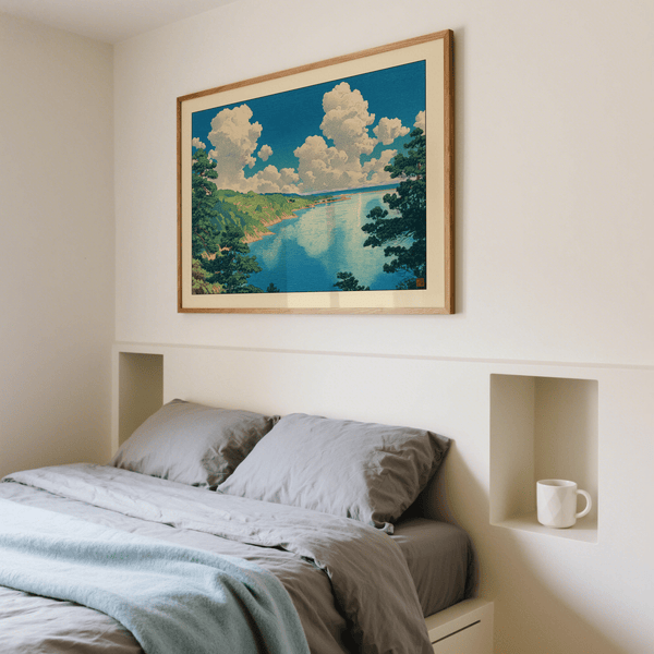 Classic woodblock-inspired seascape wall art print with layered coastline and open horizon
