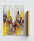 Vivid Abstract Cityscape Art Print, yellow and black tones, for lounge wall art