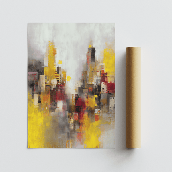 Vivid Abstract Cityscape Art Print, yellow and black tones, for lounge wall art
