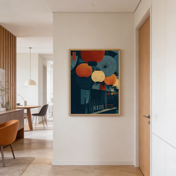 Night market lantern wall art print with bottles lined on a counter