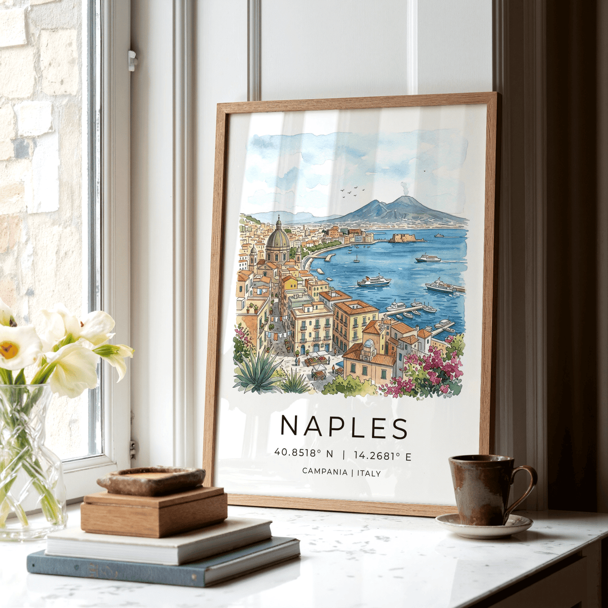 Framed Naples City Art Print over white couch in living room mockup