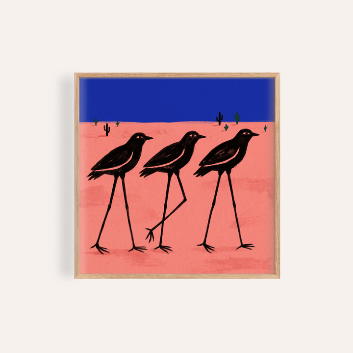 Desert Bird Wall Art print with trio of long-legged birds over minimalist horizon