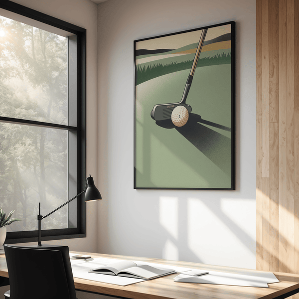 Low-angle putting green print with golf club putter, ball marked 1, and distant fairway bands