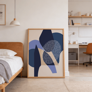 Graphic wall art print featuring rounded blocks, sharp tapering forms, and negative space