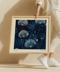 Midnight dandelion wall art with navy blue background.