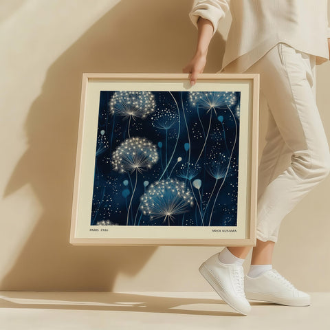 Midnight dandelion wall art with navy blue background.