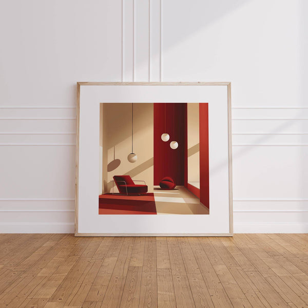 Abstract red wall art with structured shadows and lighting for modern decor