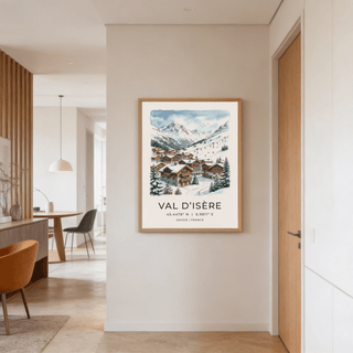 Travel-themed Winter Landscape Art Print with Val d’Isère text and coordinates poster