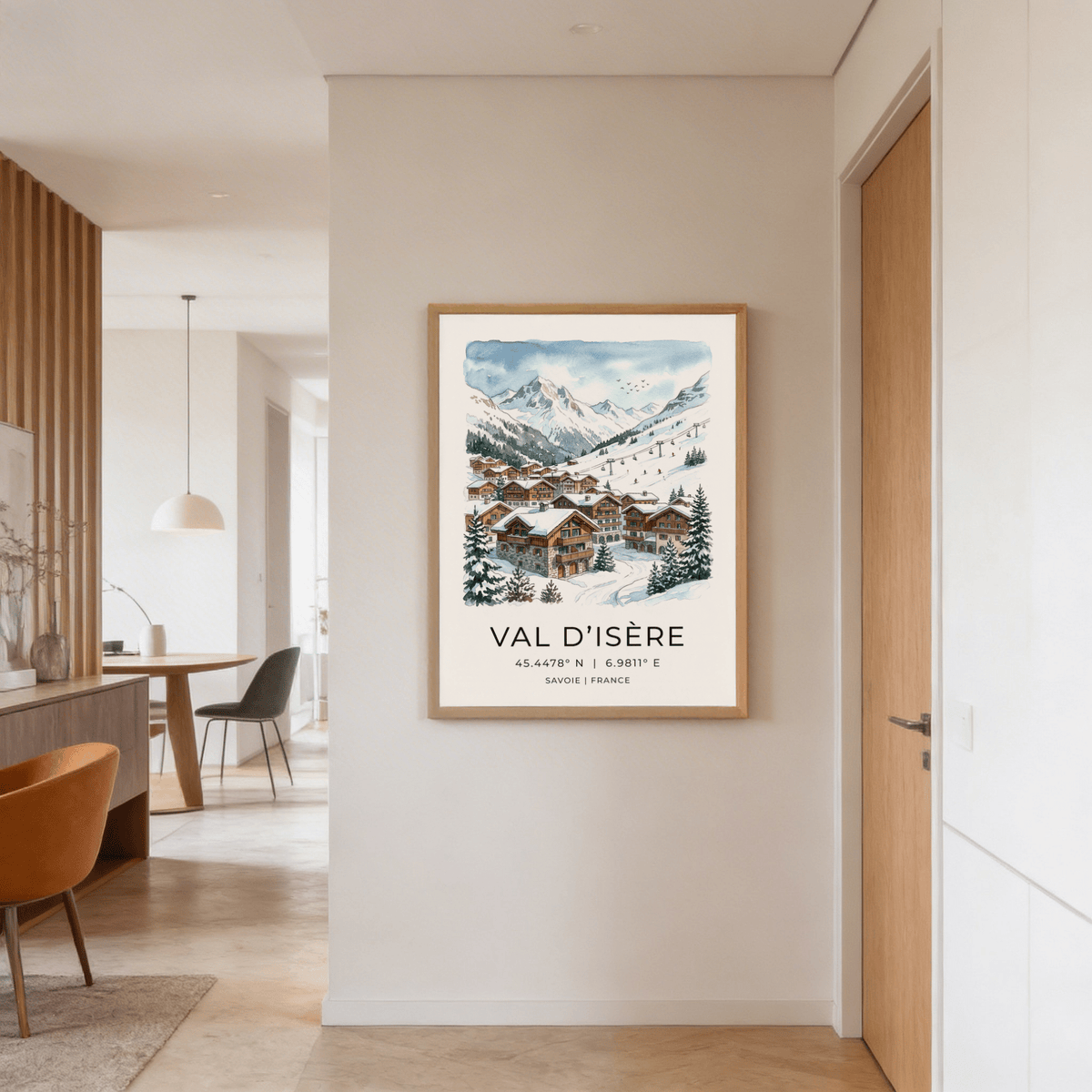 Travel-themed Winter Landscape Art Print with Val d’Isère text and coordinates poster