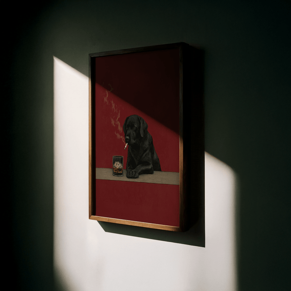 Bold Smoking Dog Wall Art for game room in red and black