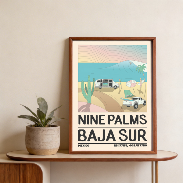 Baja Sur Wall Art graphic of shoreline with desert cactus foreground