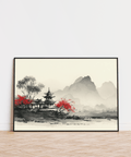 Chinese Landscape Art Print with red accents on gray background, great for hallway