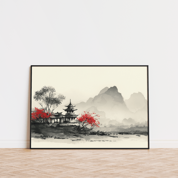 Chinese Landscape Art Print with red accents on gray background, great for hallway