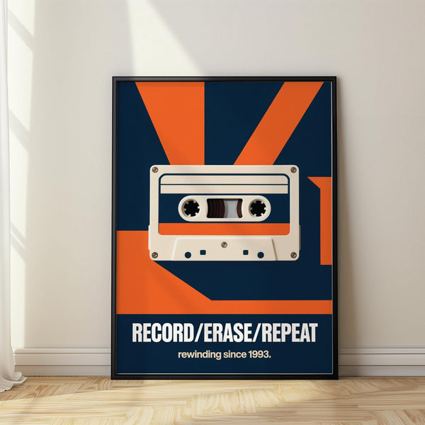 Cassette tape wall art with cream-colored tape and bold text design.