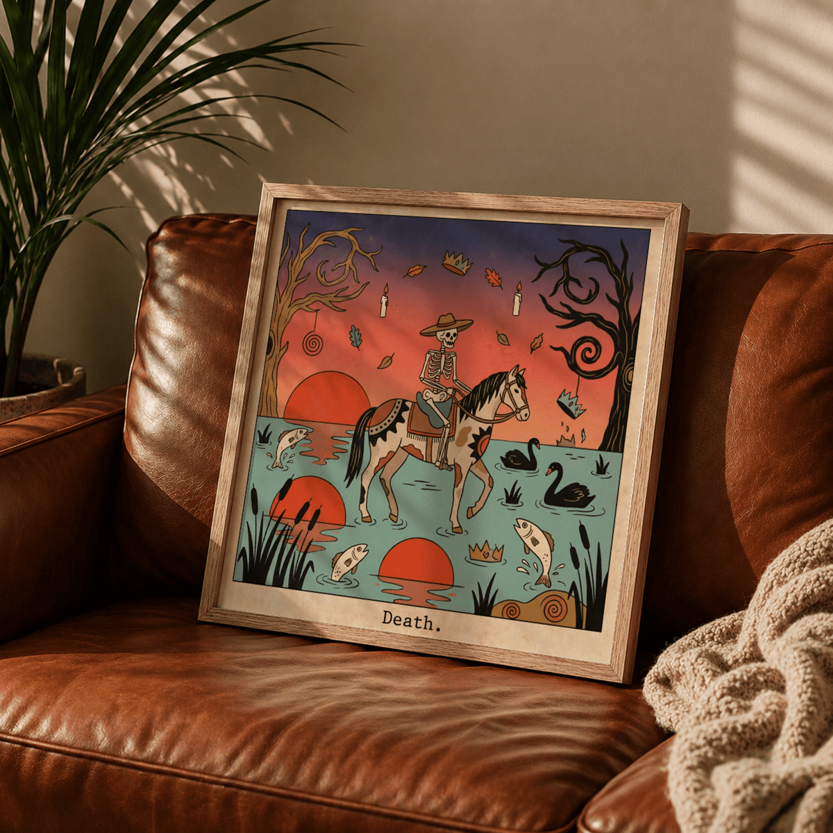 Death Tarot Card Art wall art print with skeletal rider and the word "Death." at the bottom
