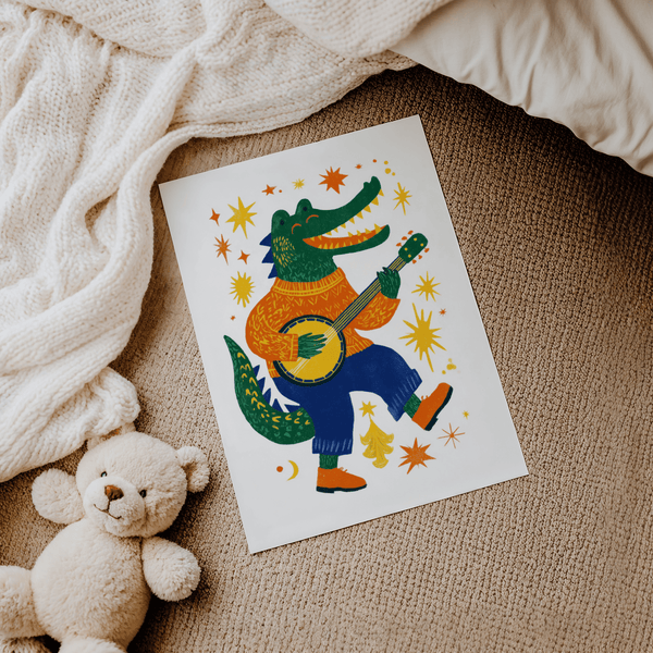 Funny Crocodile Art Print whimsical Multicolored style for study area wall art