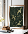 Showcasing crane bird wall art print with sweeping wings and dense dot clusters on a dark ground