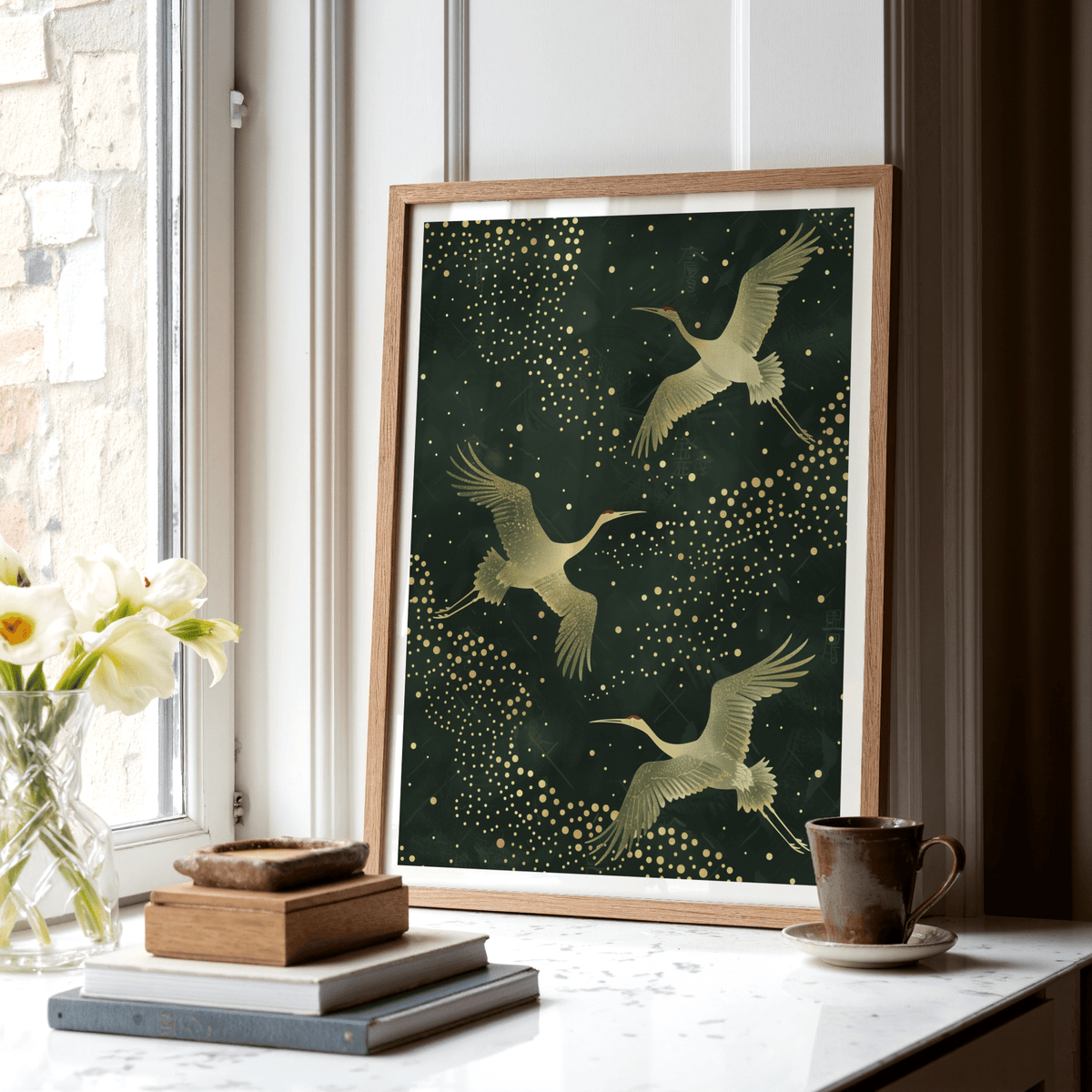 Showcasing crane bird wall art print with sweeping wings and dense dot clusters on a dark ground