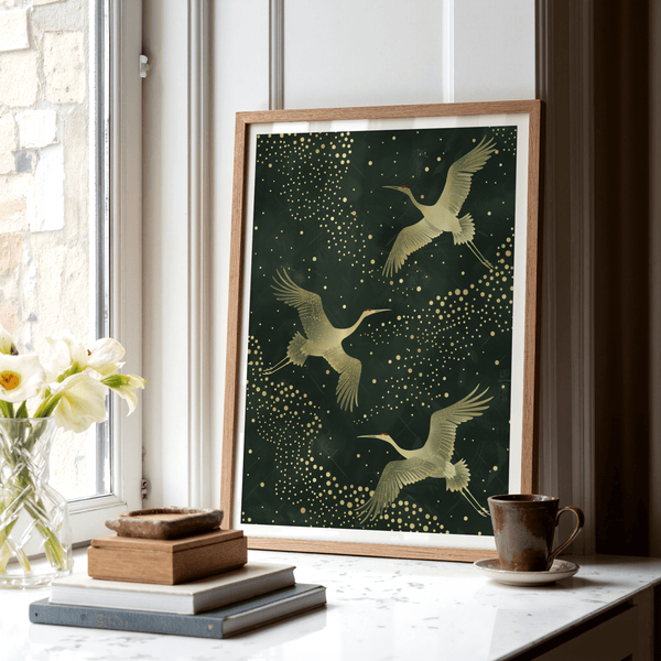 Showcasing crane bird wall art print with sweeping wings and dense dot clusters on a dark ground