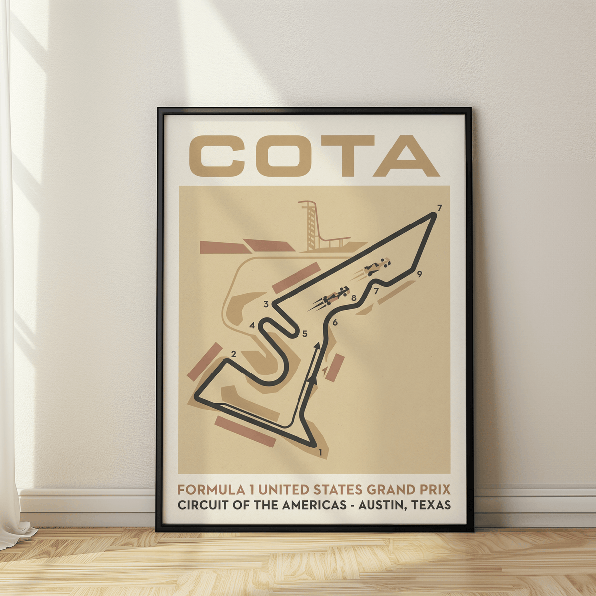 Detailed Cota Formula 1 Wall Art showing circuit outline, directional arrow, and COTA header text