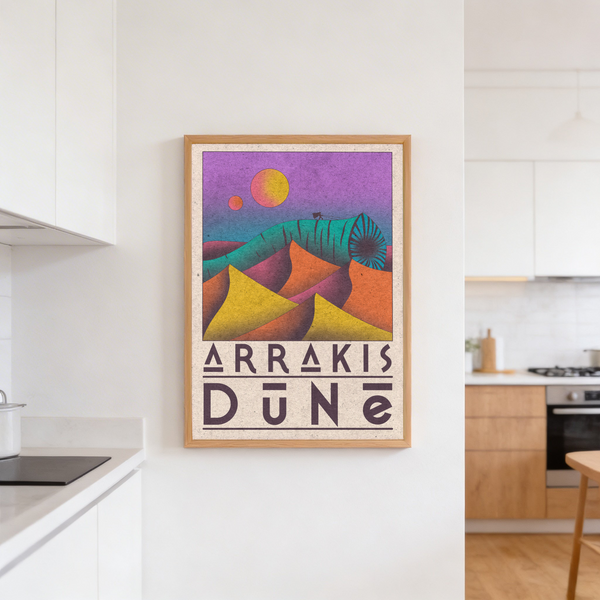 Wide composition poster print of an abstract desert landscape with curved worm shape and circular suns