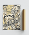 Hand-drawn Lisbon Map Art Print showing Tejo river label and surrounding map symbols