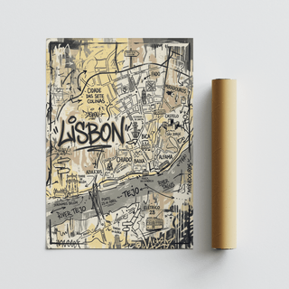 Hand-drawn Lisbon Map Art Print showing Tejo river label and surrounding map symbols