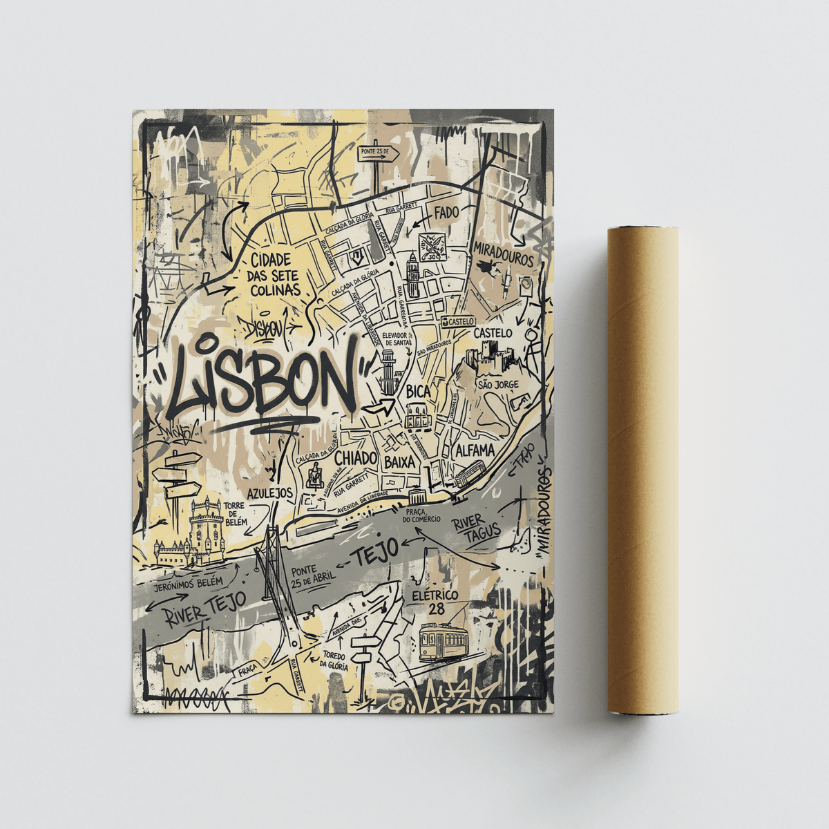 Hand-drawn Lisbon Map Art Print showing Tejo river label and surrounding map symbols