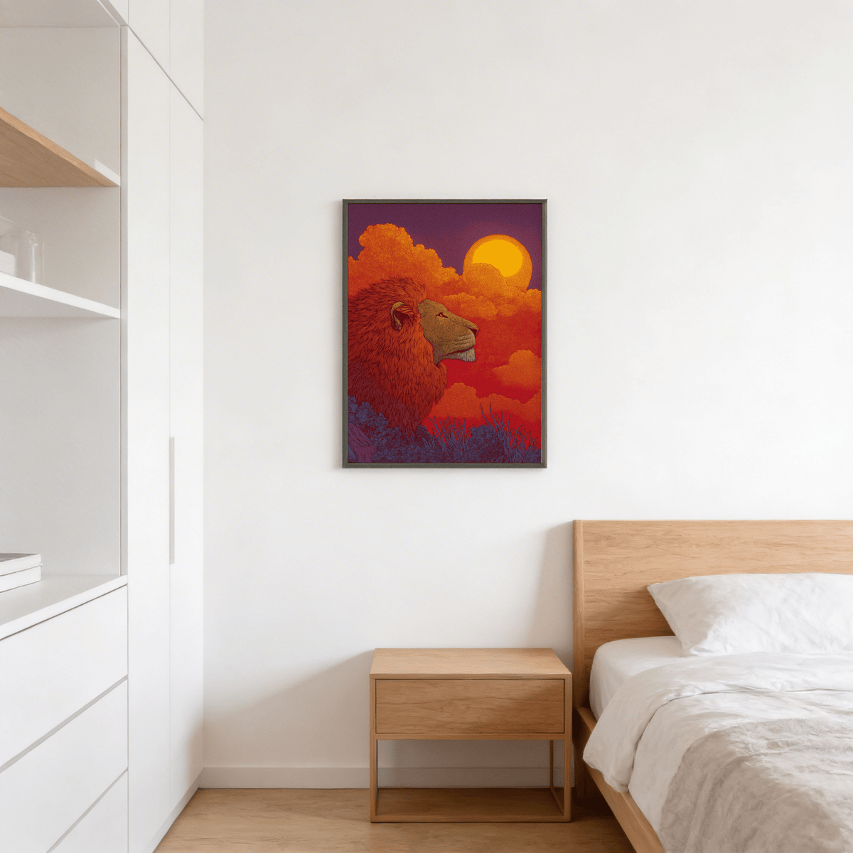 Textured mane lion wall art print with dense linework and patterned clouds