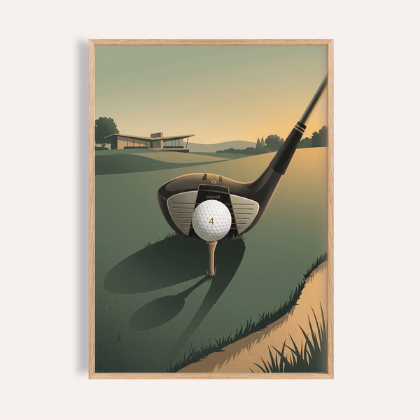 Centered Golf Driver Art Print poster showing driver clubface and golf ball on tee
