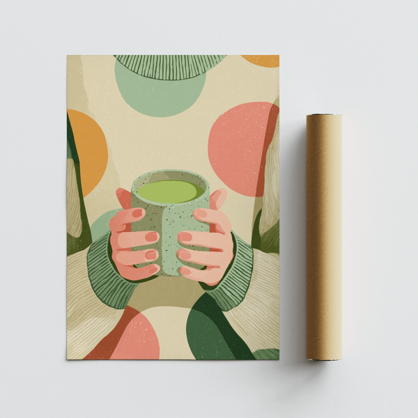 Cozy Matcha Art poster in beige and pink for modern dining room