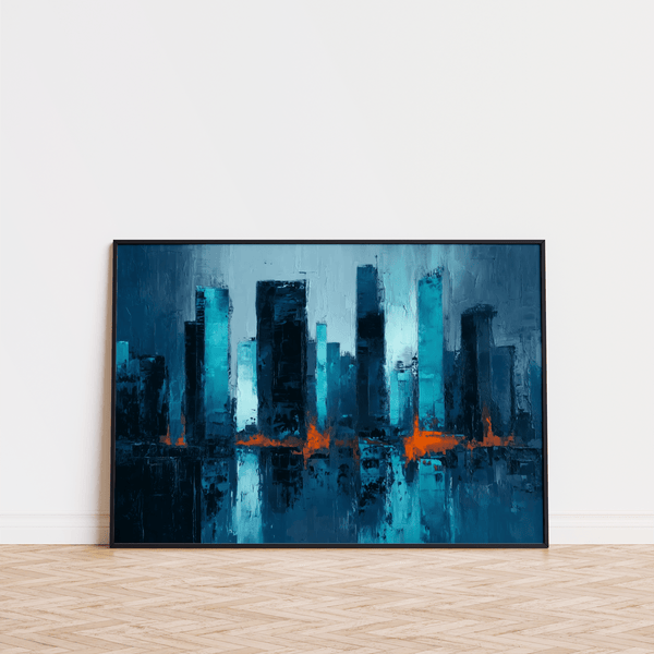 Modern Blue Artwork City with Blue shades and Orange accents for study room