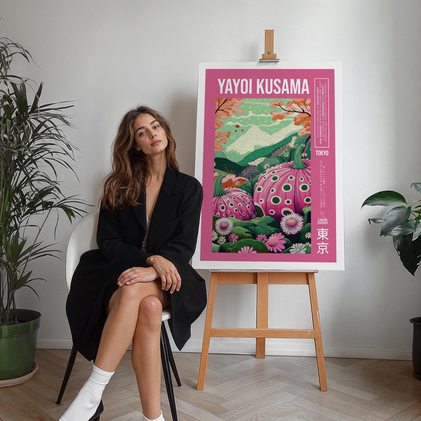 Laboo Studio wall art with pink landscape and abstract dotted elements.