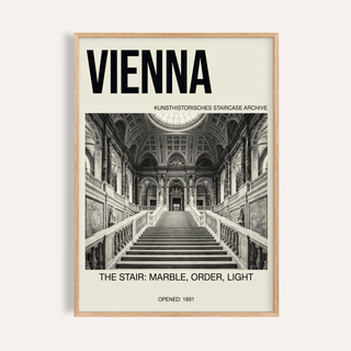 Front view of Vienna Architecture Art Print poster with grand staircase photo and VIENNA typography