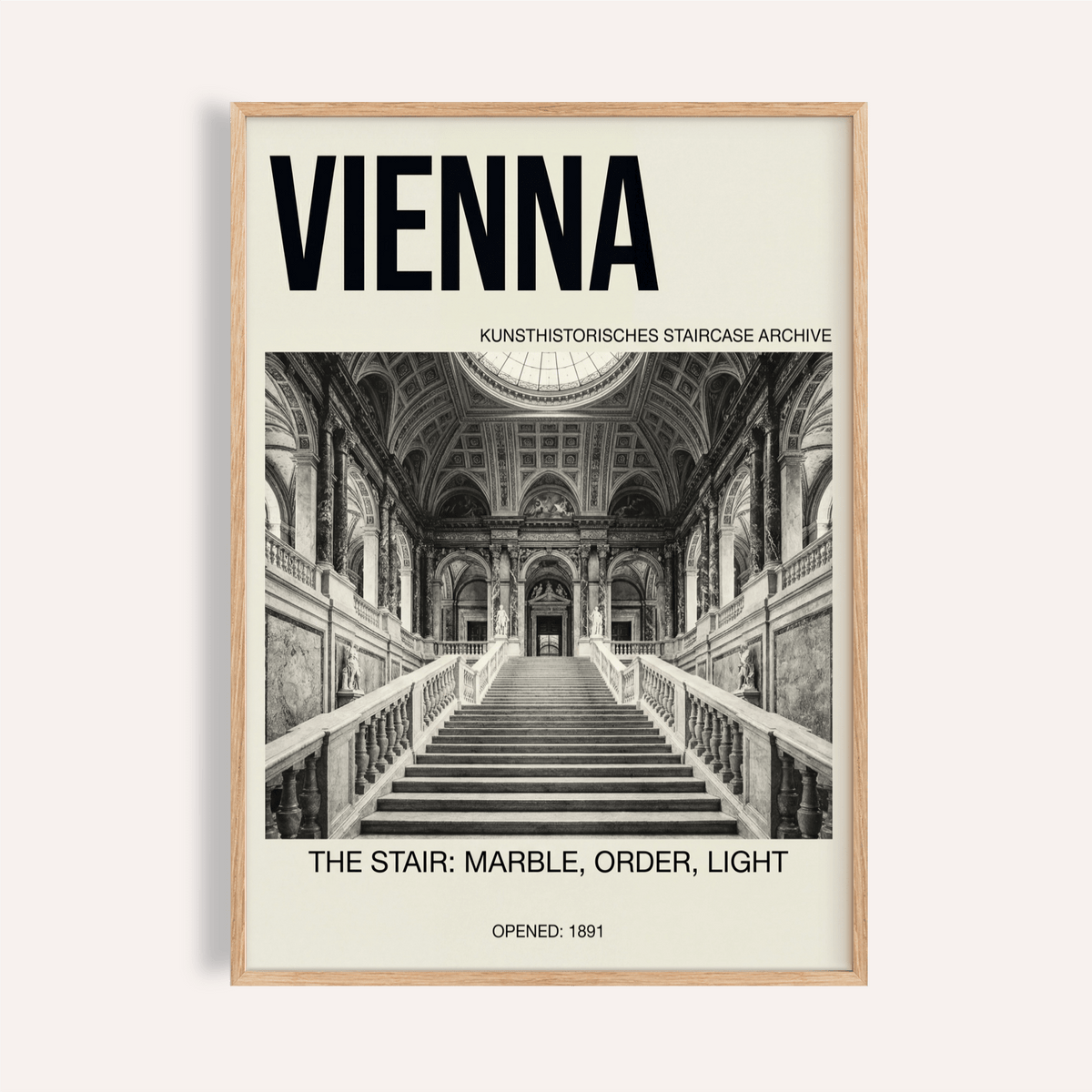 Front view of Vienna Architecture Art Print poster with grand staircase photo and VIENNA typography