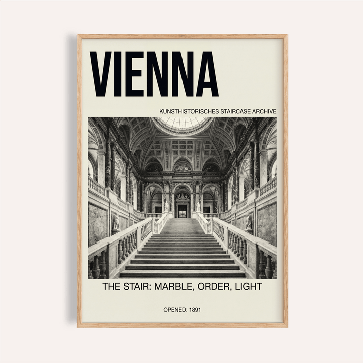 Front view of Vienna Architecture Art Print poster with grand staircase photo and VIENNA typography