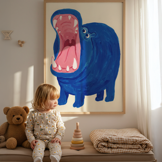 Blue Hippo Art Print featuring expressive eyes and simplified legs