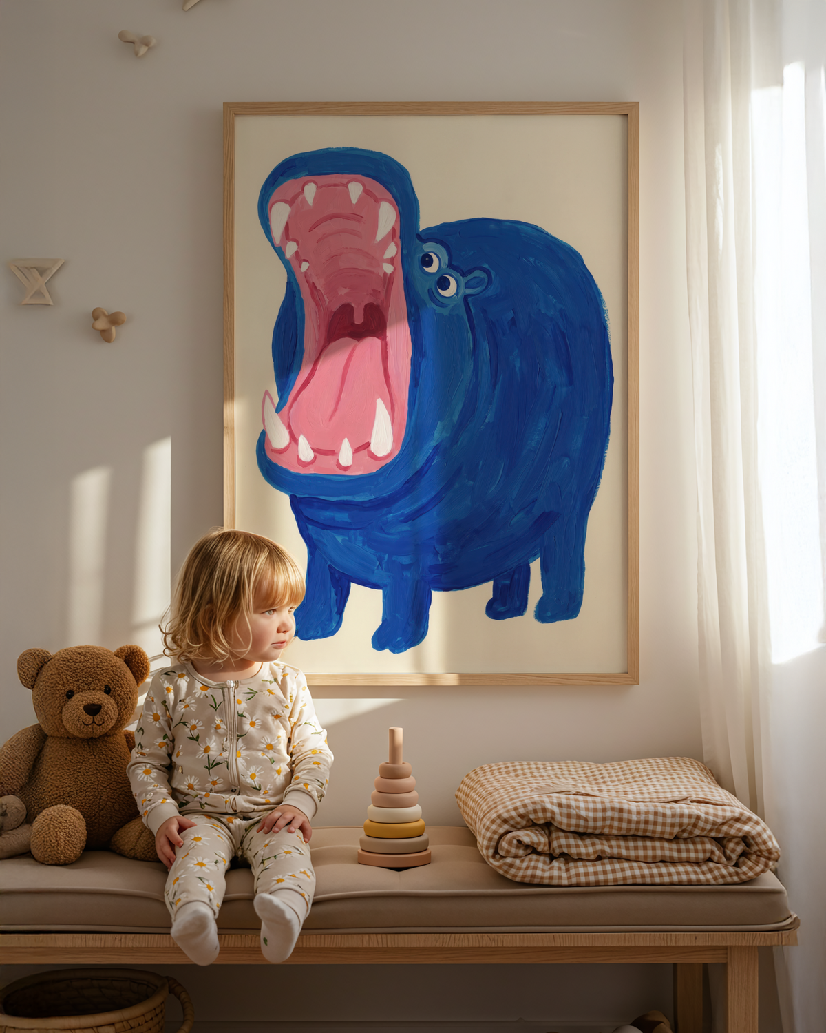 Blue Hippo Art Print featuring expressive eyes and simplified legs