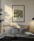Watercolor Luxembourg skyline print with church spire above stone fortifications